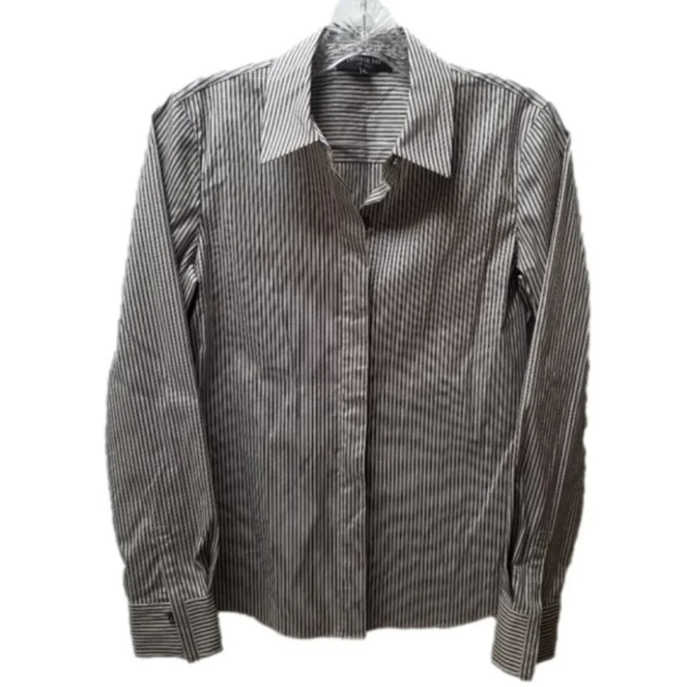 Lafayette 148 Grey Silver Striped Fitted Button Up Shirt 0